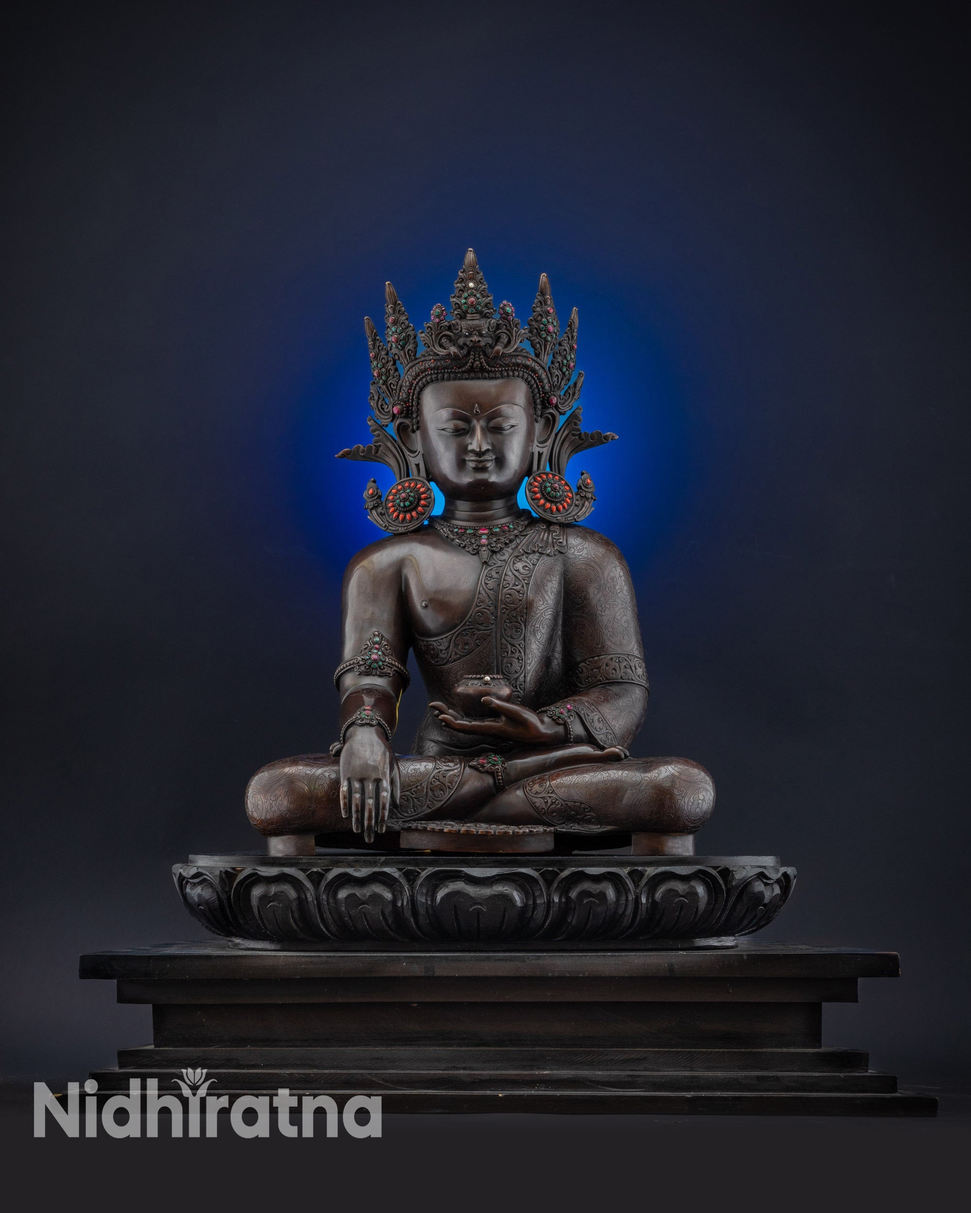 Full view front Oxidized Masterpiece Buddha Idol for home altar, meditation decor
