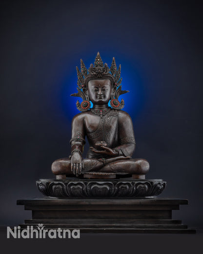 Full view front Oxidized Masterpiece Buddha Idol for home altar, meditation decor
