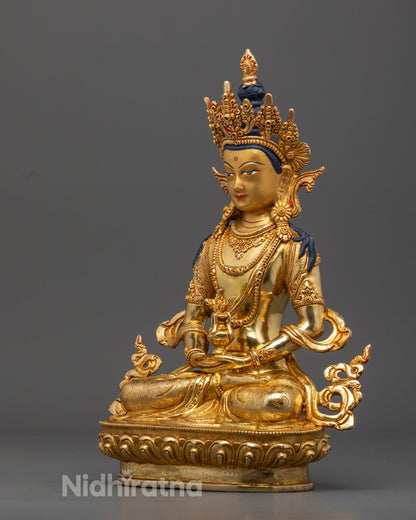 Amitayus Buddha figure seated on lotus throne, handcrafted using the lost wax method by Nepalese artisans.