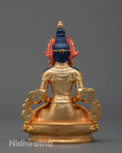 Full view of Amitayus Buddhist deity statue with shimmering 24k gold finish