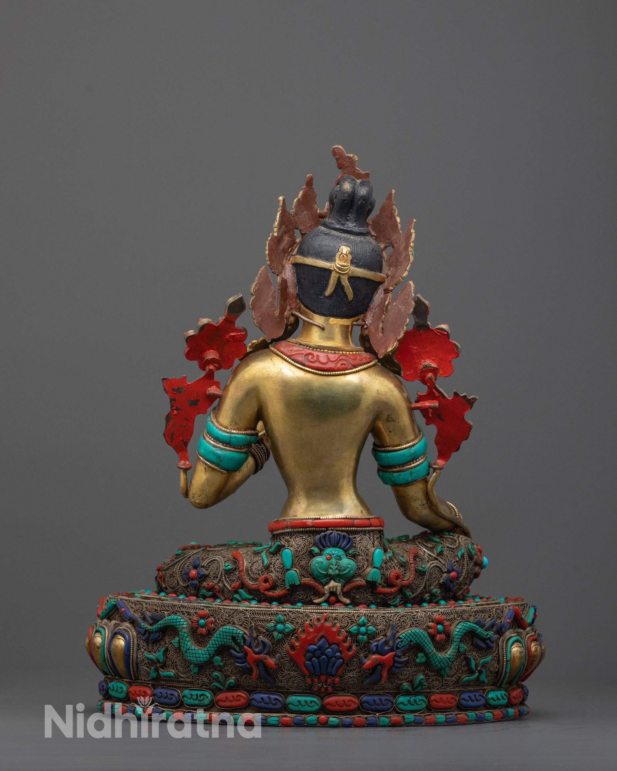 Full view of Green Tara Statue in meditative posture, handcrafted in Nepal