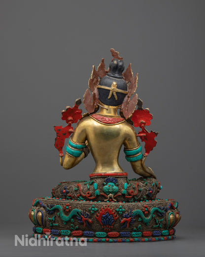 Full view of Green Tara Statue in meditative posture, handcrafted in Nepal