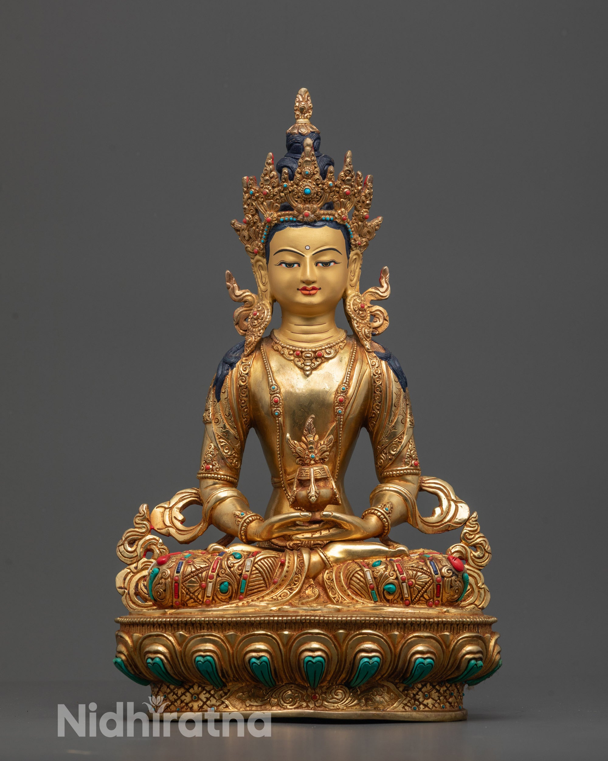 Full view of Hand-carved Amitayus Statue from Nepal in 24k fire gold gilding