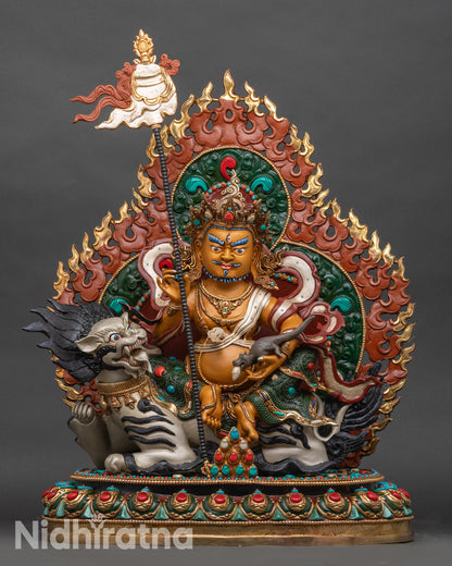 Full view of Namtoshe Statue on lotus base with lion, copper and gold-gilded finish