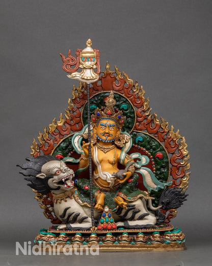 Full view of Namtoshe statue on snow lion, hand-painted Nepalese Buddhist sculpture