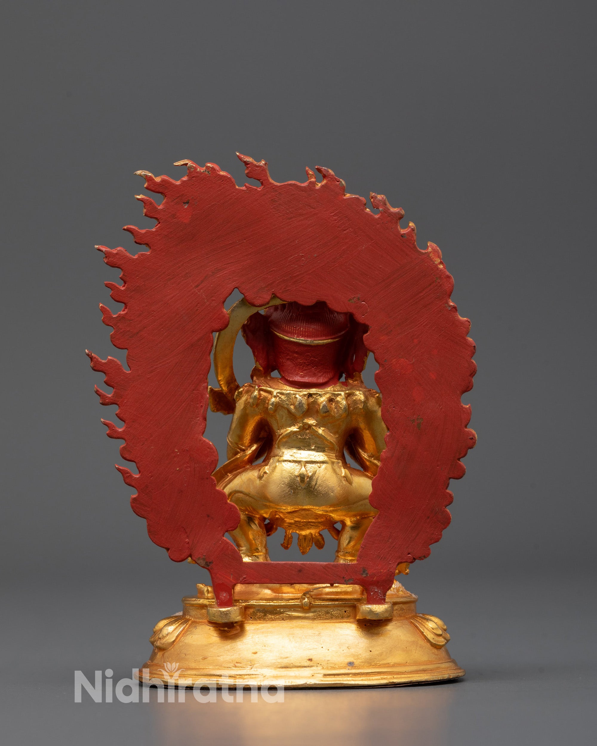 Full view of Sakya Mahakala Statue with radiant 24k gold finish and fierce halo