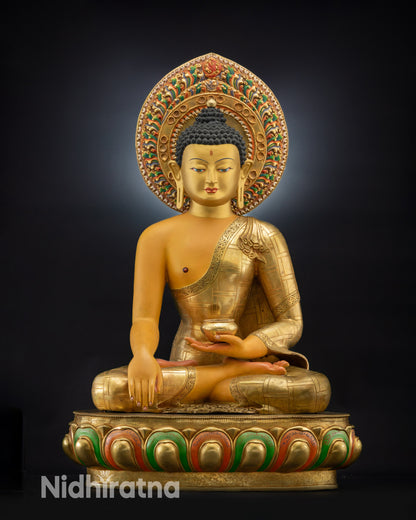 Full view of Shakyamuni Buddha Siddhartha Gautama Statue on lotus seat
