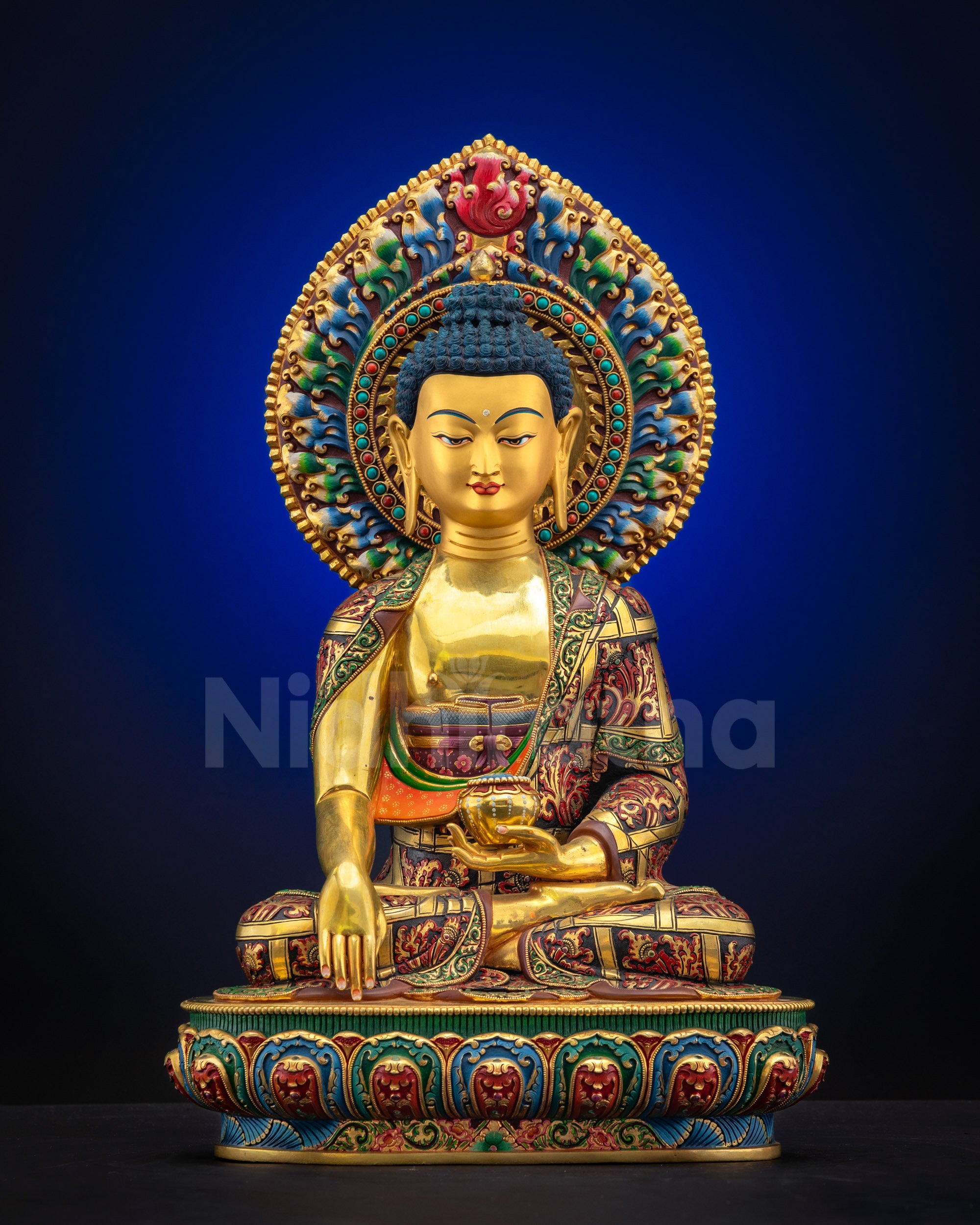 Full view of Shakyamuni Buddha Statue displaying complete gold-fire gilded craftsmanship and multi-colored lotus throne