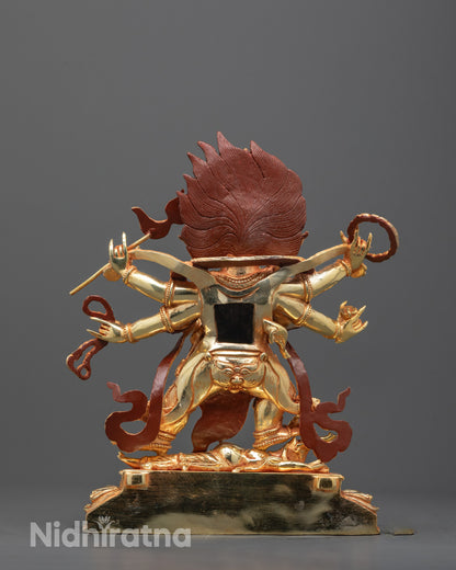 Full view of Six Armed Mahakala Statue in wrathful form with six arms holding symbolic implements