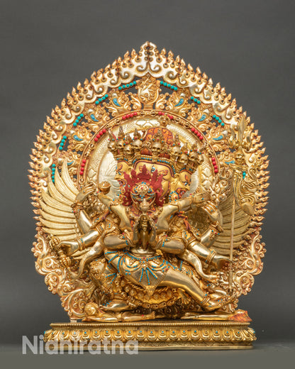 Full view of Vajrakilaya Yab-Yum statue, Nepalese copper and gold fire-gilded sculpture