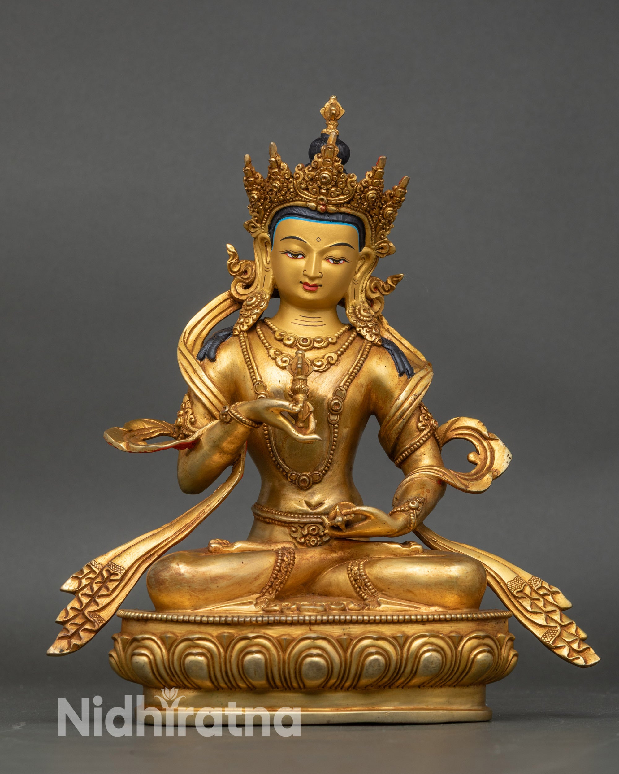 Full view of Vajrasattva statue on lotus seat, gold gilded copper Himalayan art