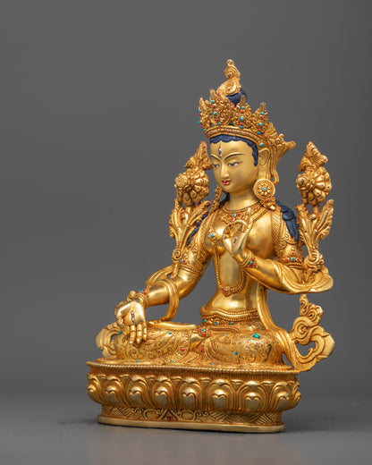 Full view of White Tara Statue featuring intricate detailing and traditional Nepalese