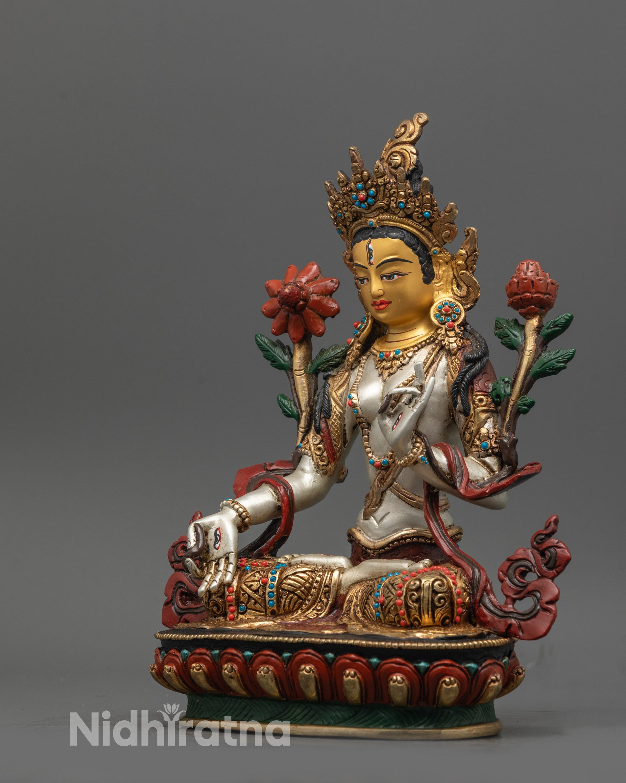 Full view of White Tara Statue with halo | Traditional lost wax method Nepalese