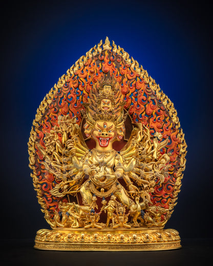 Full view of Yamantaka Vajrabhairava Masterpiece Statue on lotus seat with flaming halo, gold fire-gilded