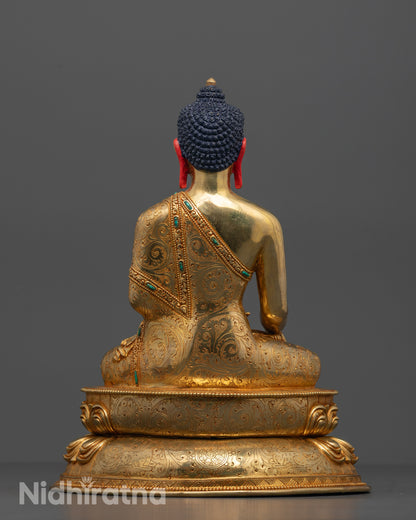 Full view of hand-carved copper Shakyamuni Buddha Statue with radiant 24k gold gilding