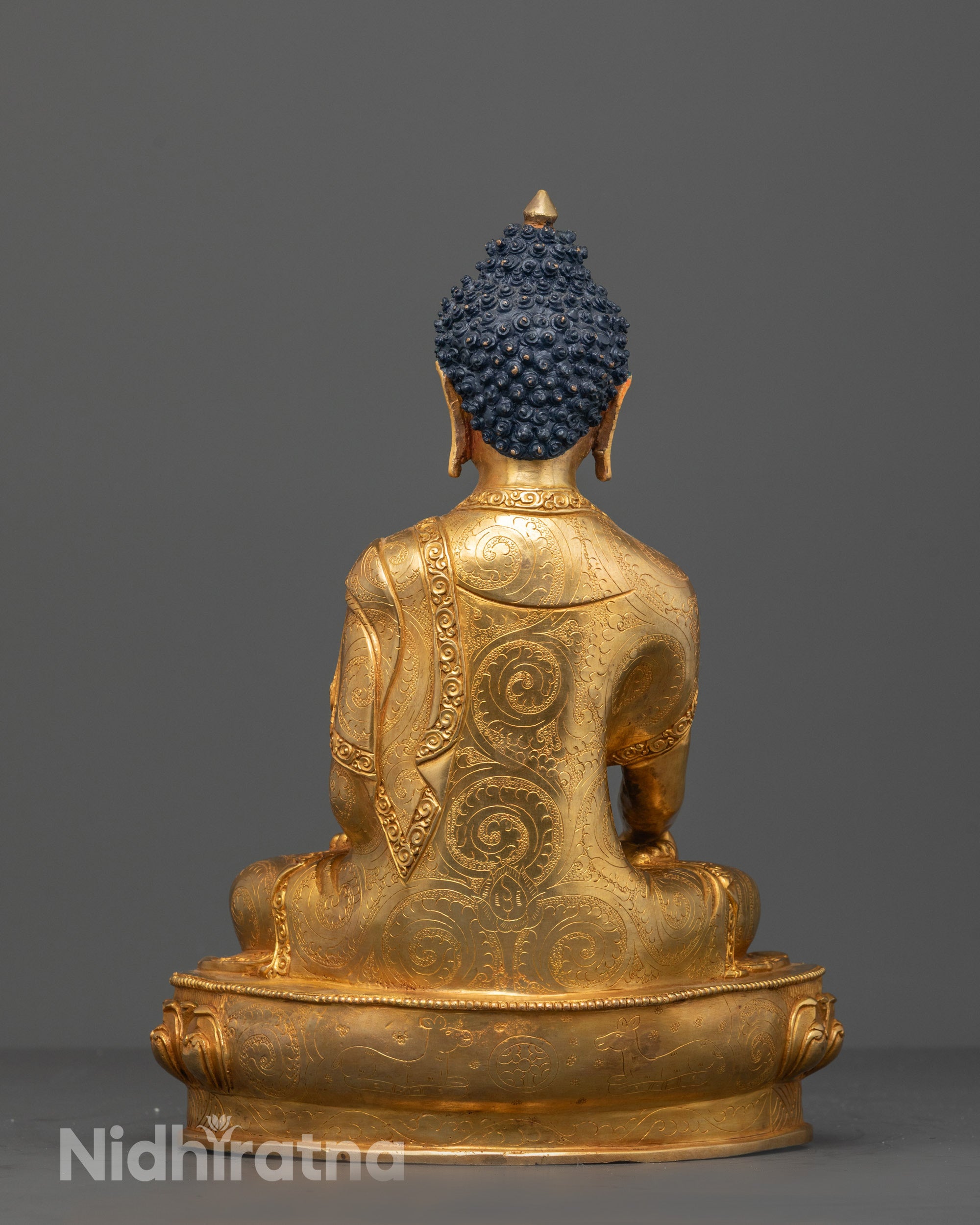 Full view of premium copper Shakyamuni Buddha statue with lotus base and monk’s bowl