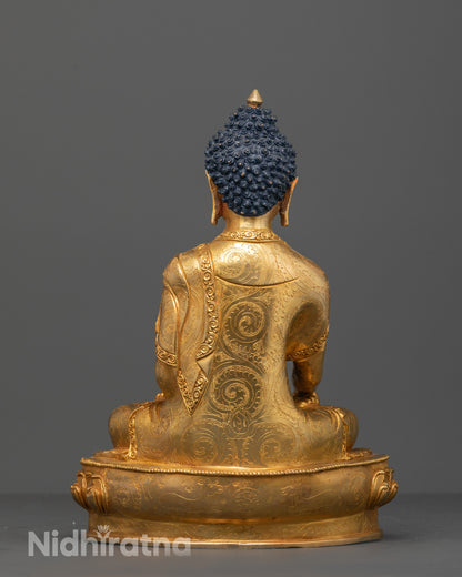 Full view of premium copper Shakyamuni Buddha statue with lotus base and monk’s bowl