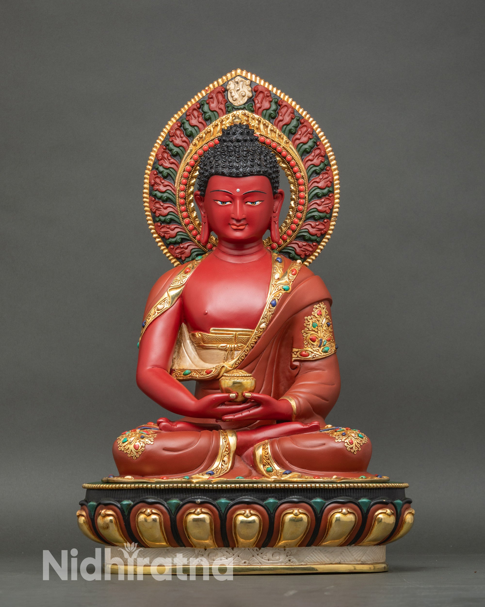Full view of red Amitabha Buddha statue, handcrafted Nepalese copper with gold fire-gilding