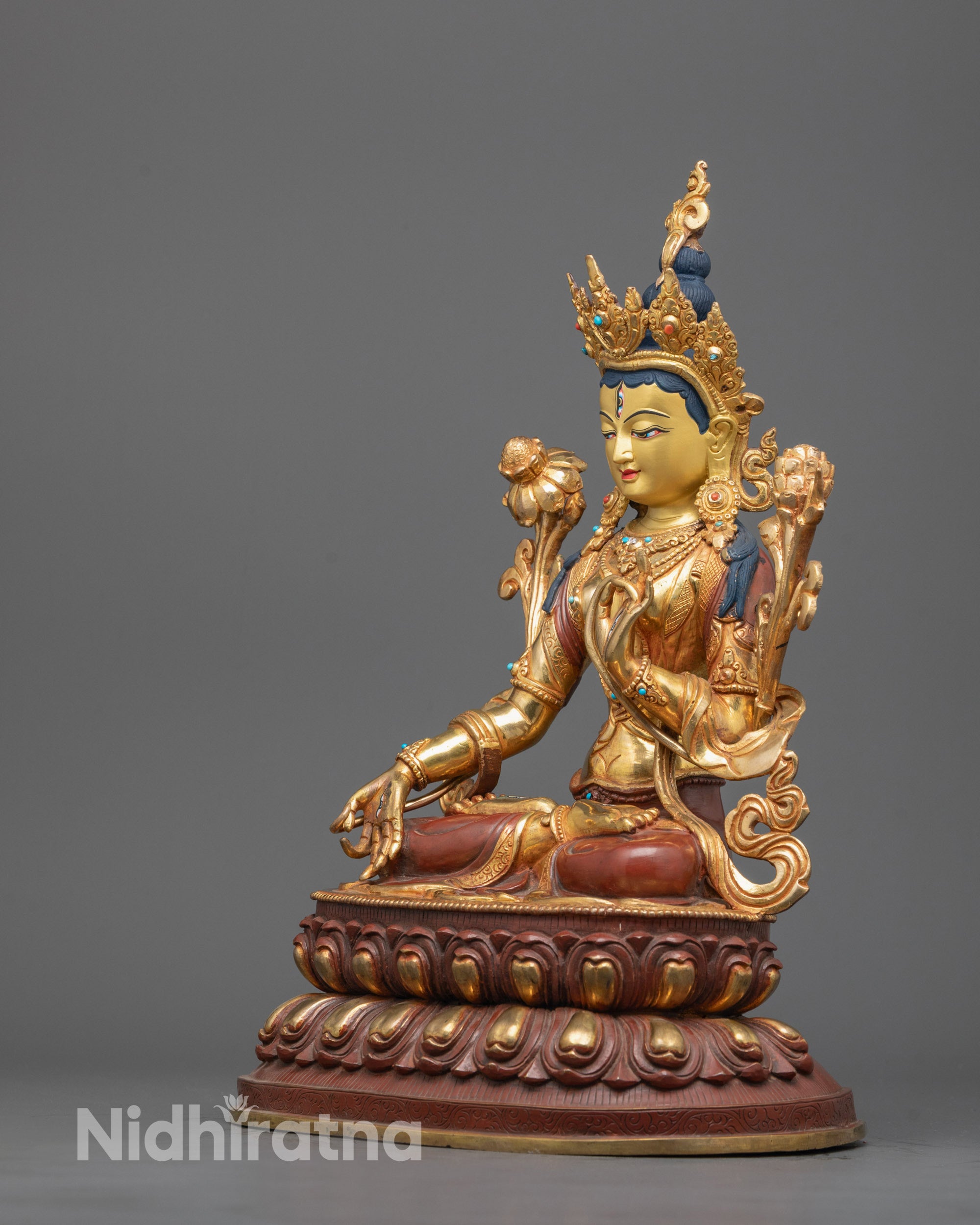 Full view of spiritual White Tara Statue showing traditional Buddhist craftsmanship