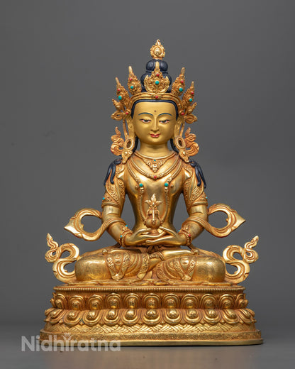 Amitayus Statue seated on a lotus throne, featuring a radiant halo and hollow space for filling auspicious mantras.