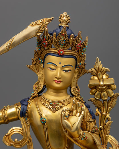Full view of the gold Manjushree statue, embodying wisdom and spiritual illumination, perfect for altars, shrines, and meditation spaces.