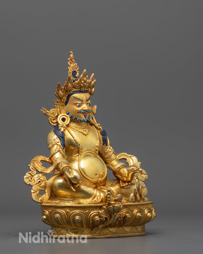 Full view of traditional Dzambhala statue made in Nepal with intricate designed