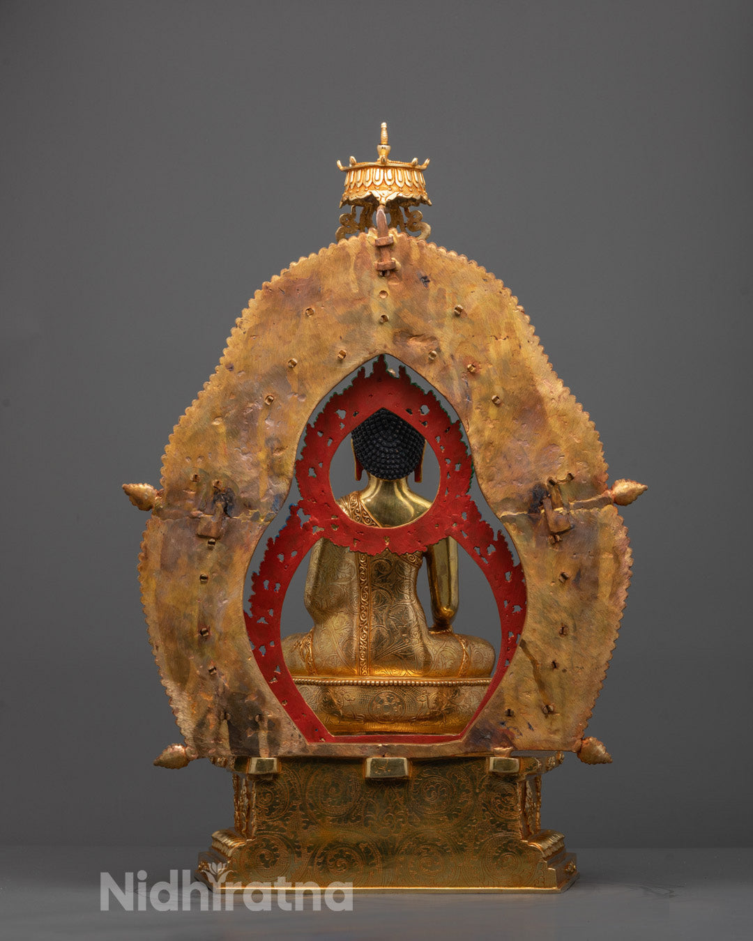 Full view of traditional Himalayan Shakyamuni Buddha Statue handcrafted with copper base