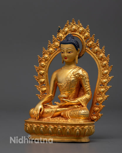 Full view of traditional Shakyamuni Buddha Statue with monk’s bowl in hand