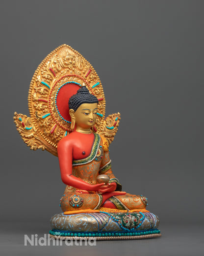 Full view of vibrant Amitabha Buddha statue featuring red acrylic color