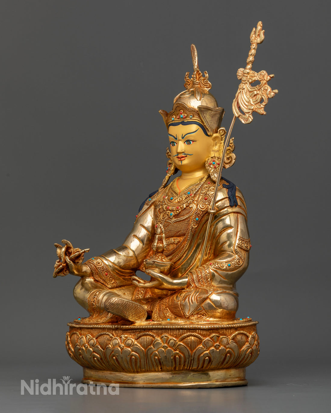 Divine Guru Rinpoche Statue: Gold Gilded with Precious Stones