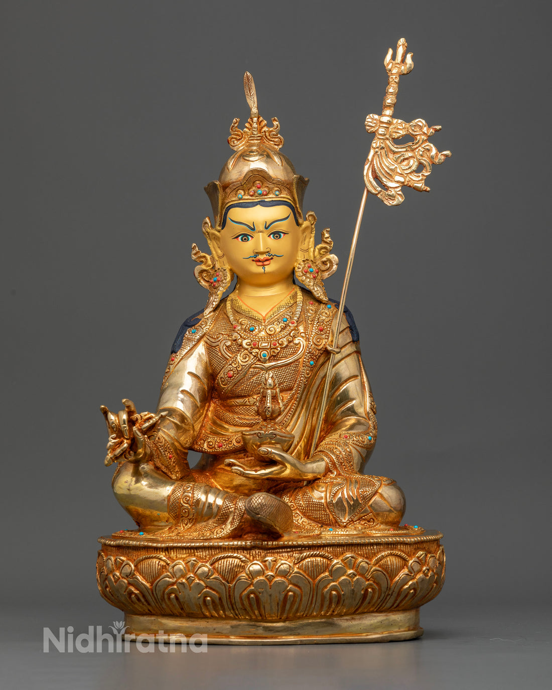 Divine Guru Rinpoche Statue: Gold Gilded with Precious Stones