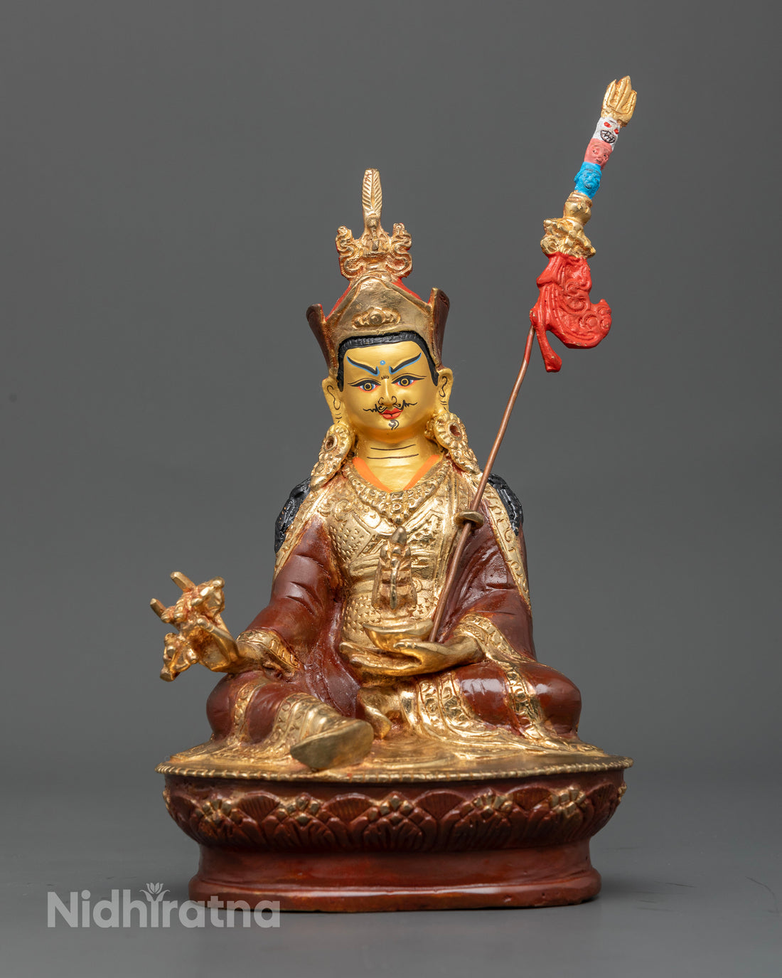 Oxidized Copper Guru Rinpoche Statue with Radiant Gold Face