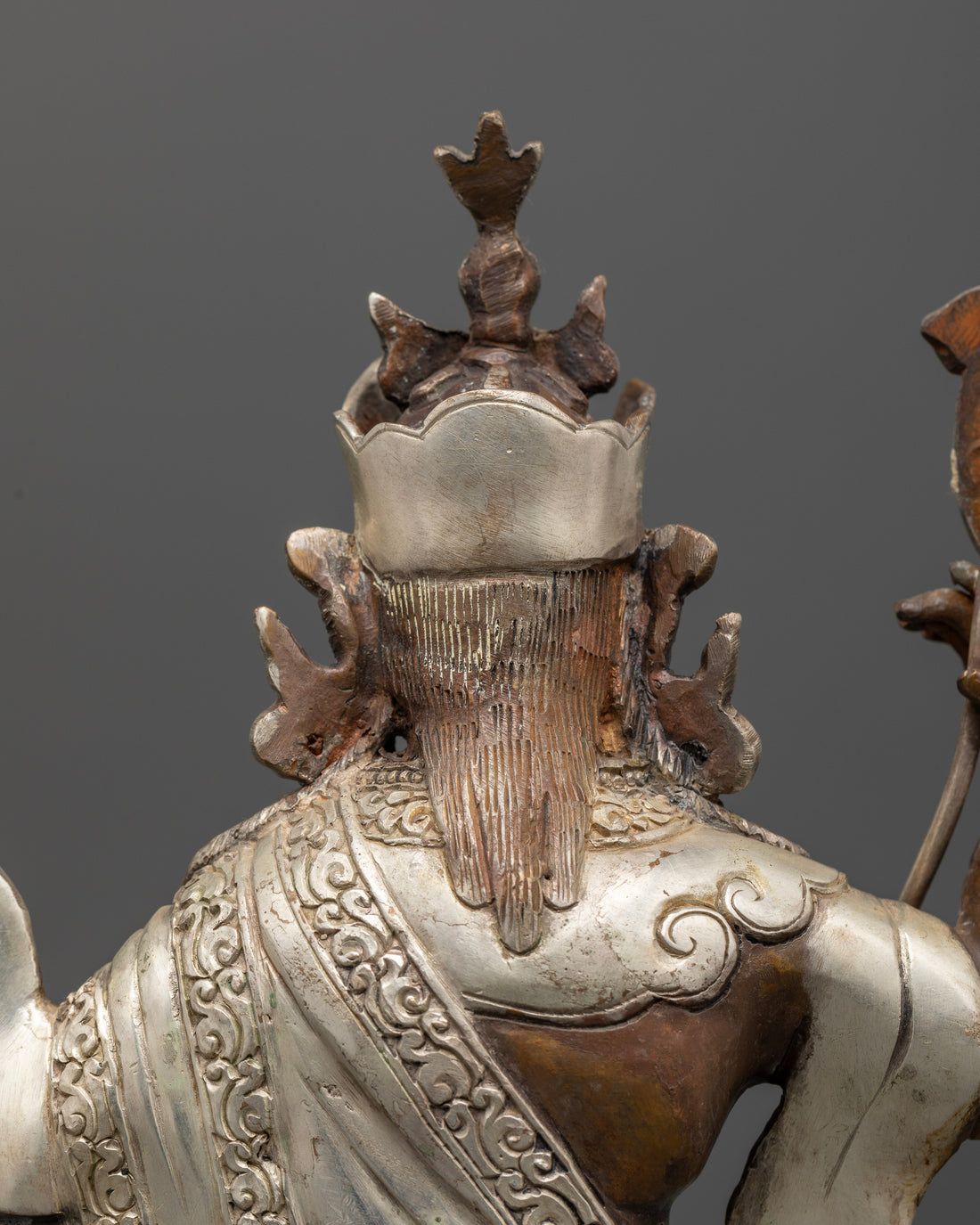 Standing Guru Rinpoche Statue: Oxidized Copper and Silver Finish