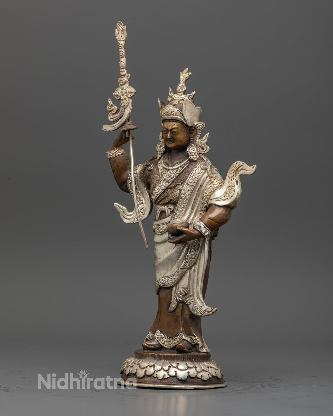 Standing Guru Rinpoche Statue: Oxidized Copper and Silver Finish