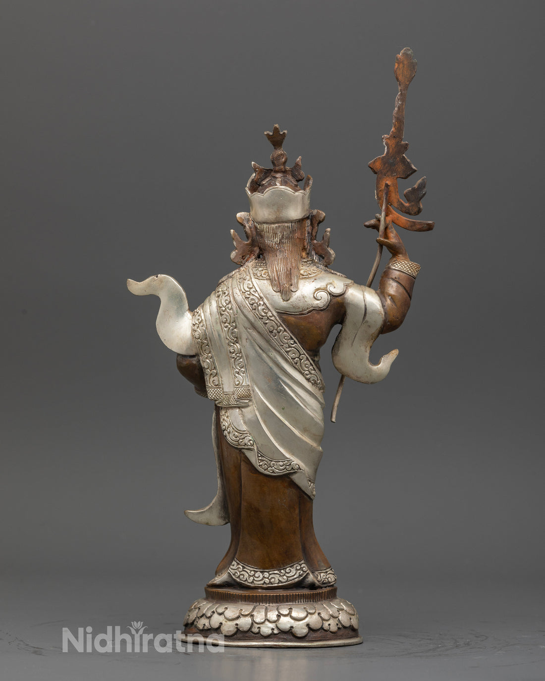 Standing Guru Rinpoche Statue: Oxidized Copper and Silver Finish