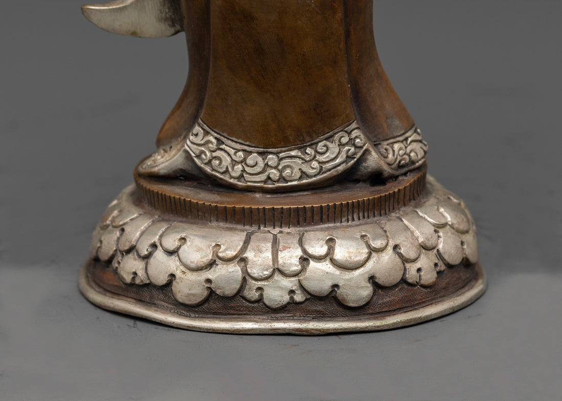 Standing Guru Rinpoche Statue: Oxidized Copper and Silver Finish