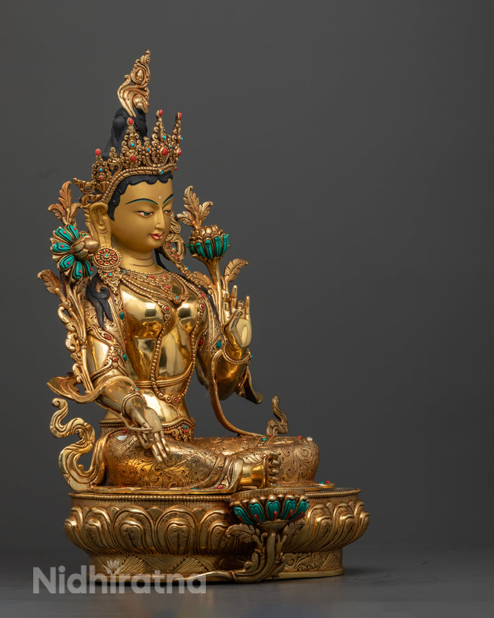 Green Tara Statue | 24K Gold Gilded Tibetan Buddhist Artwork