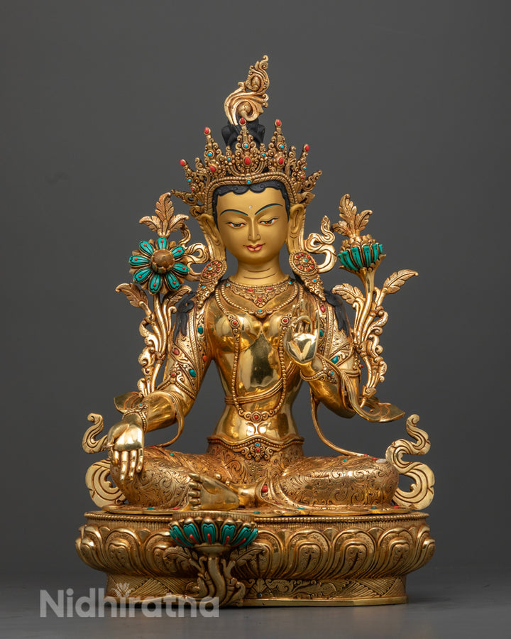 Green Tara Statue | 24K Gold Gilded Tibetan Buddhist Artwork