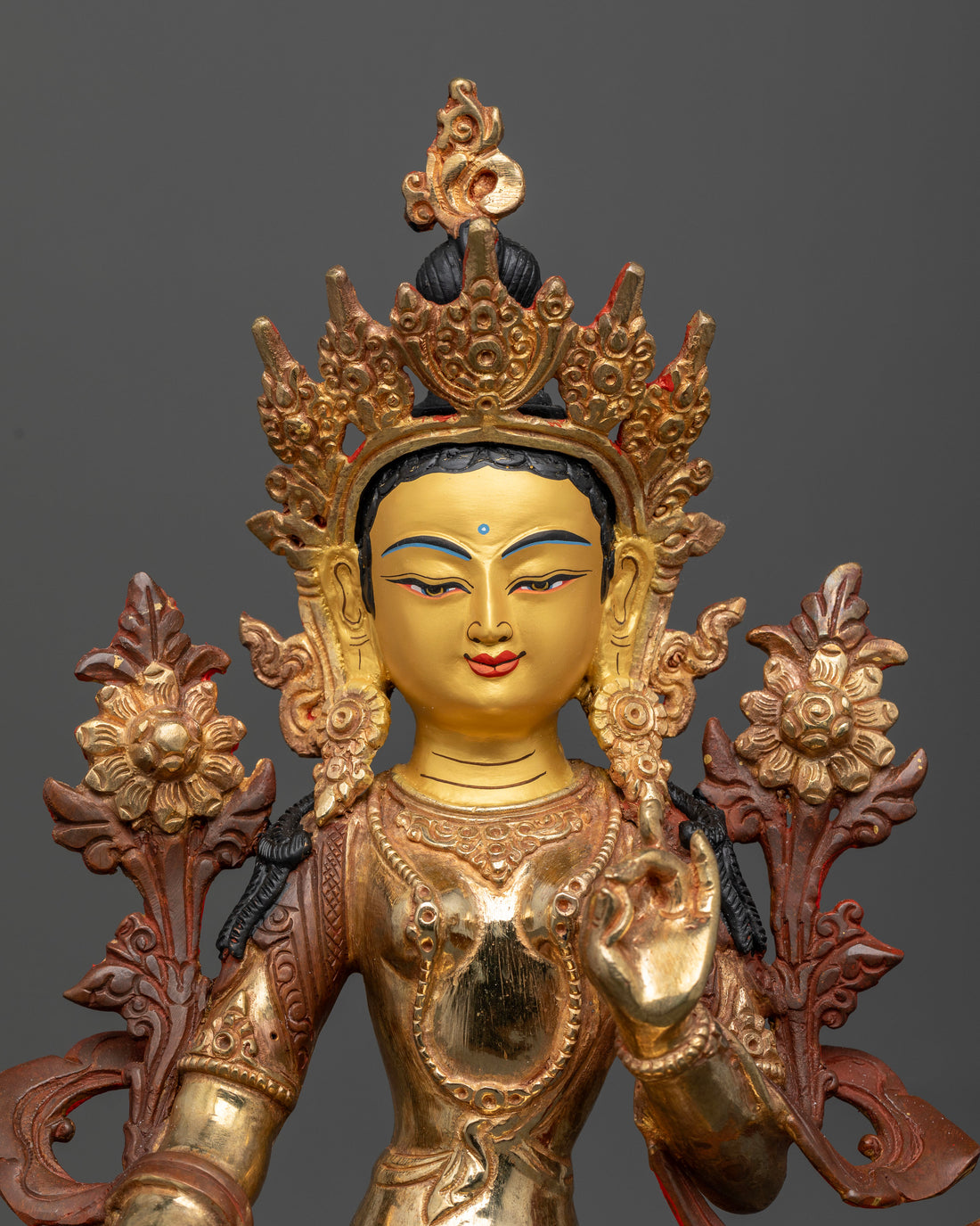 Oxidized Copper Green Tara: Spiritual Decor with Gold Face Accent