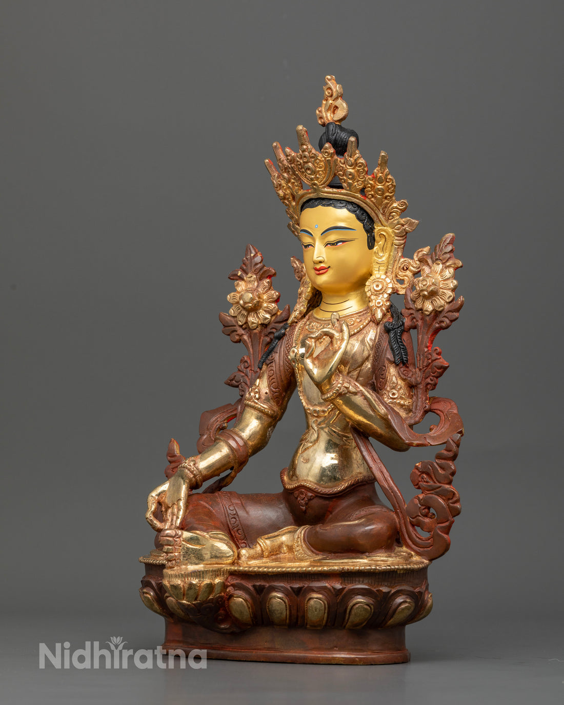 Oxidized Copper Green Tara: Spiritual Decor with Gold Face Accent