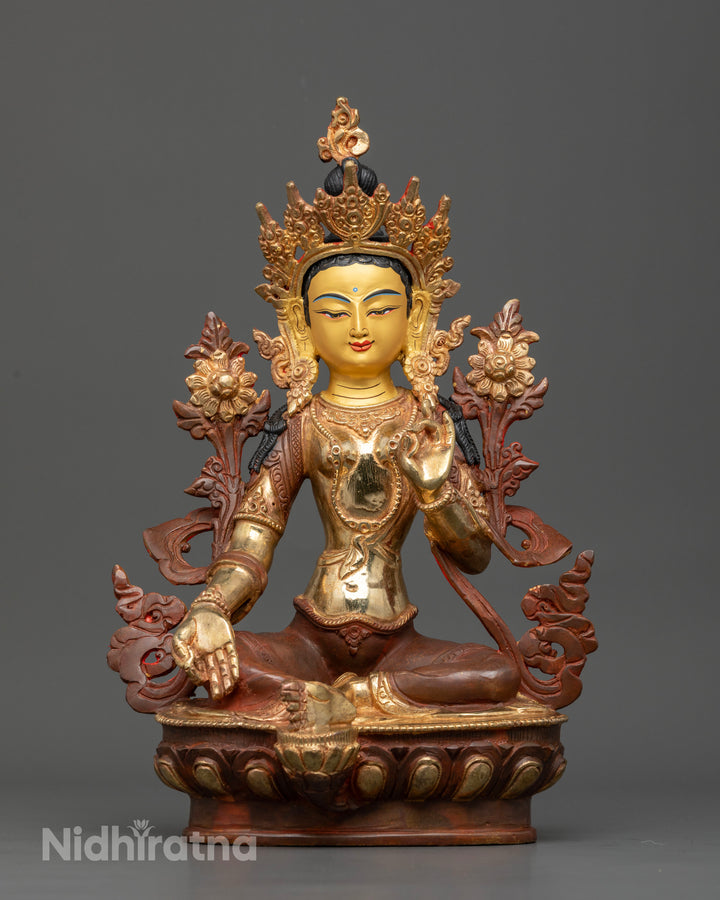 Oxidized Copper Green Tara: Spiritual Decor with Gold Face Accent