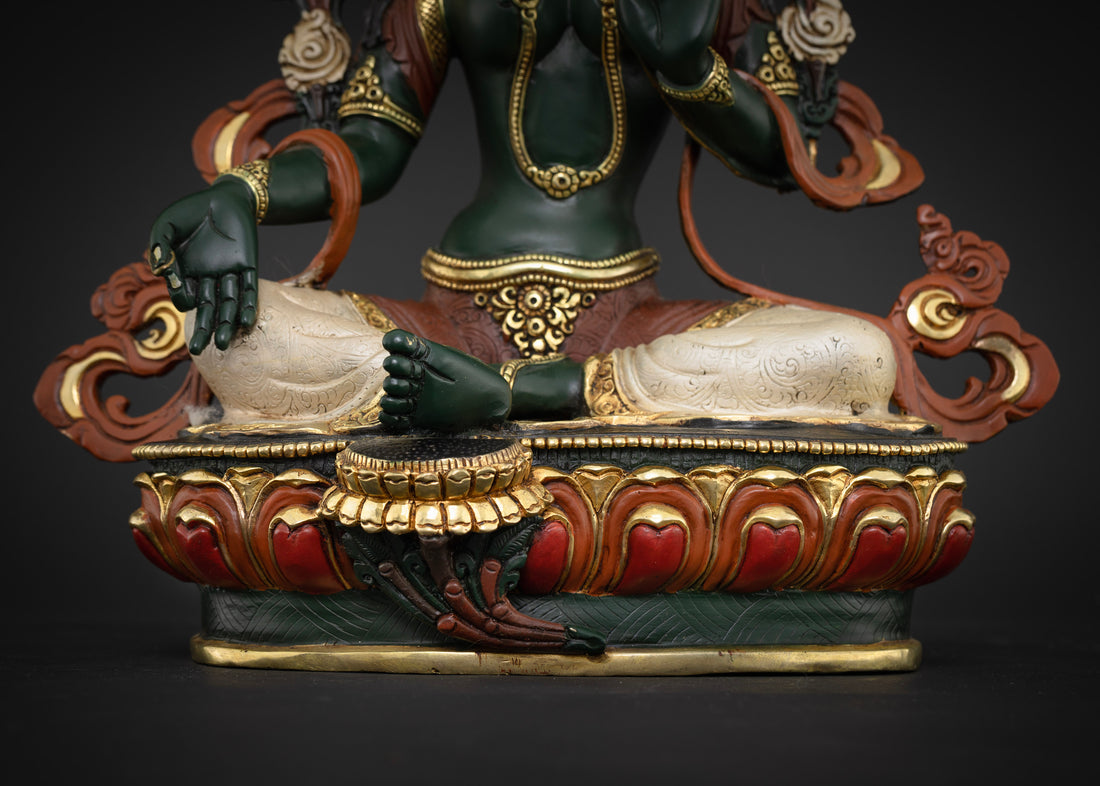 Artfully Designed Green Tara Statue in Dark Green Hue