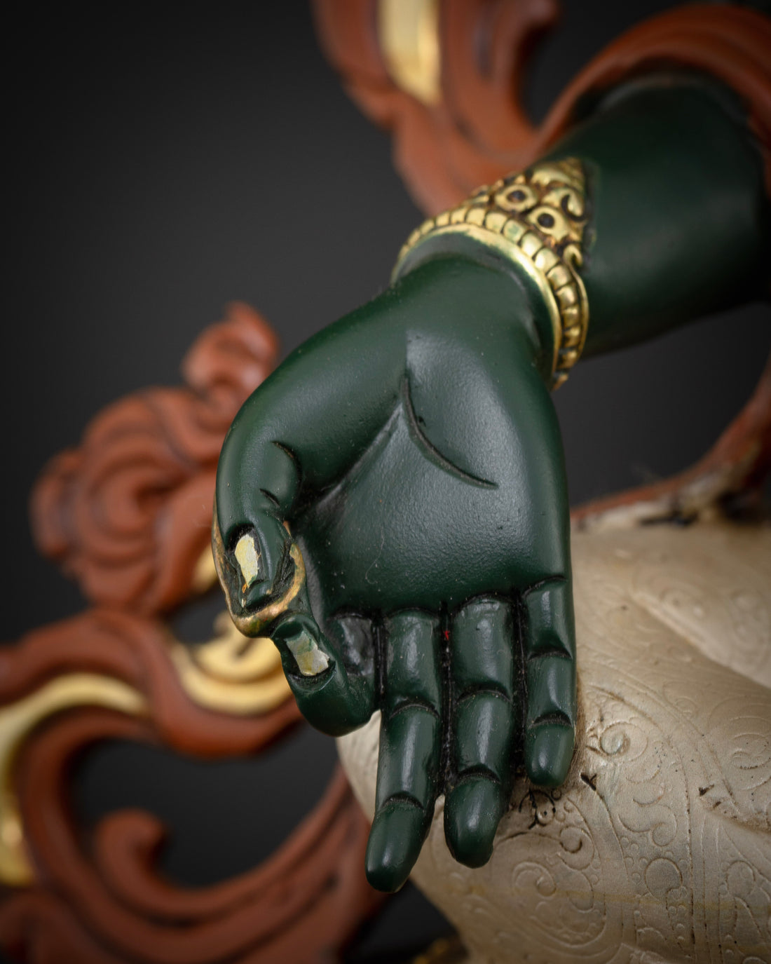 Artfully Designed Green Tara Statue in Dark Green Hue