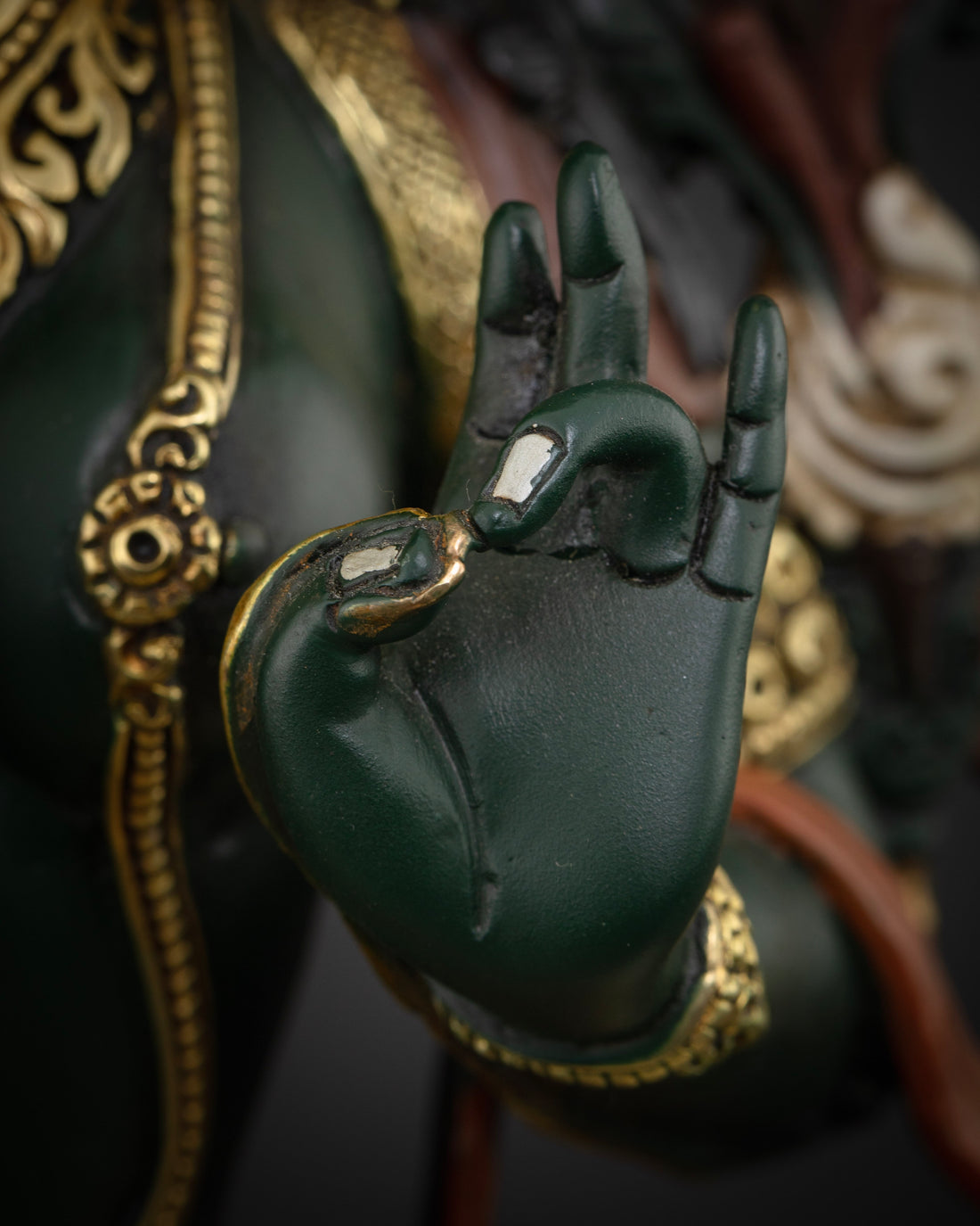 Artfully Designed Green Tara Statue in Dark Green Hue