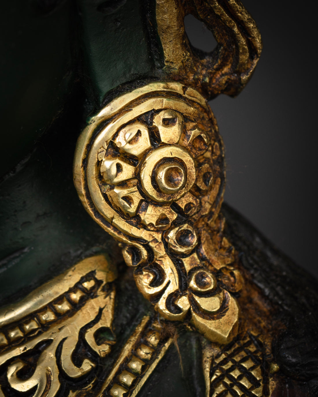 Artfully Designed Green Tara Statue in Dark Green Hue