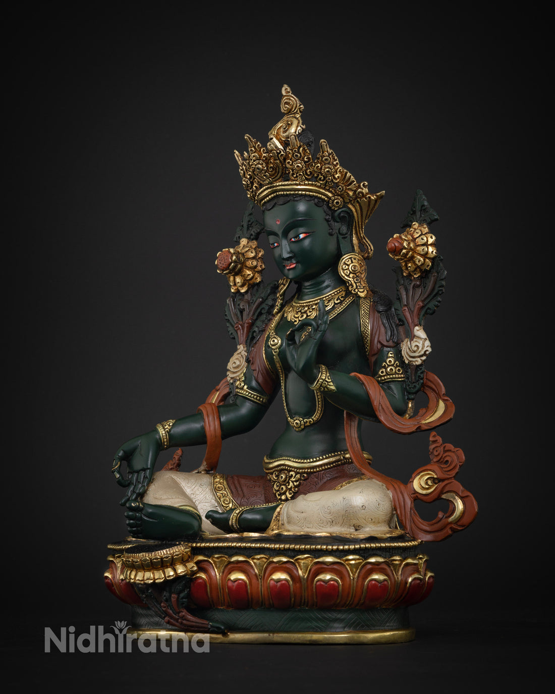 Artfully Designed Green Tara Statue in Dark Green Hue