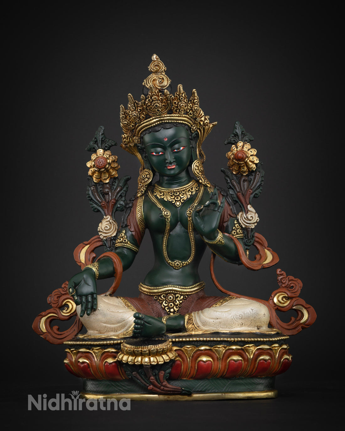 Artfully Designed Green Tara Statue in Dark Green Hue