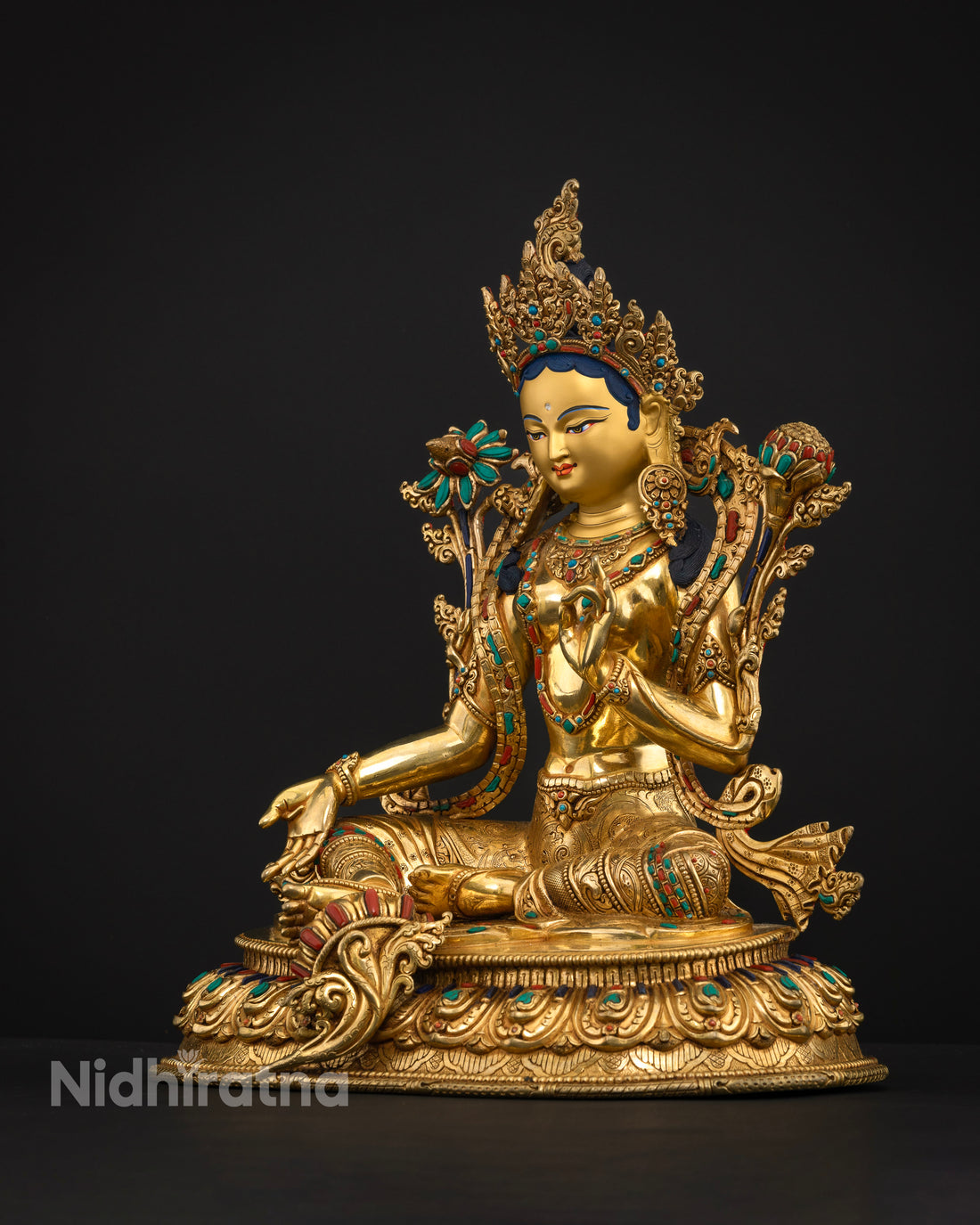 Compassionate Goddess Green Tara Statue in Gold Glided