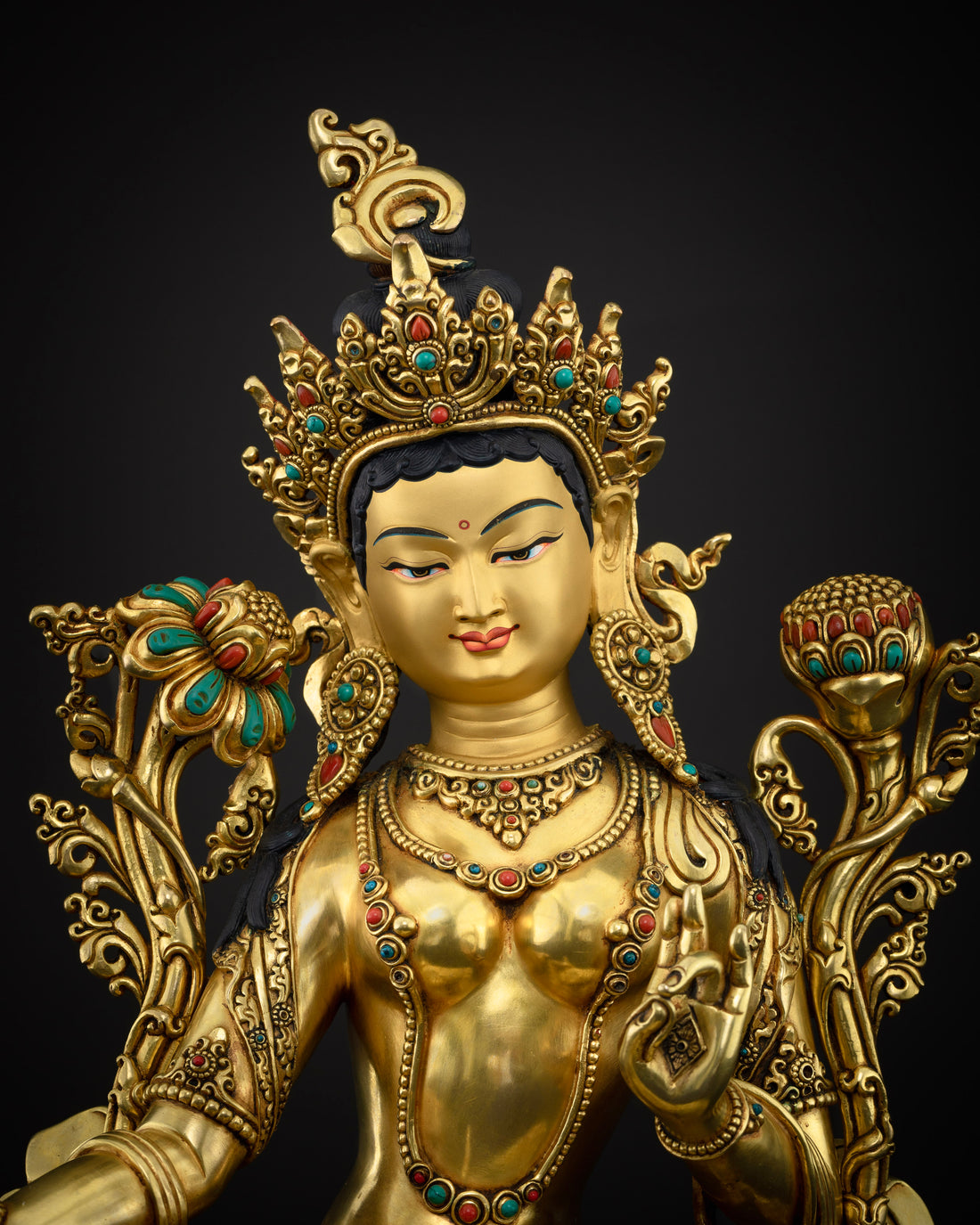 Gold Gilded with Turquoise & Coral Accents: Opulent Green Tara Statue