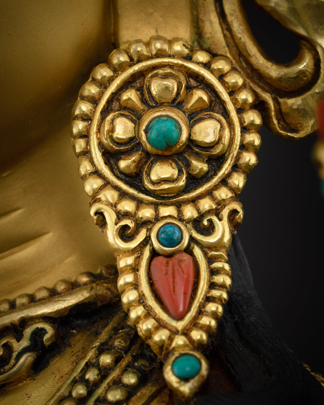 Gold Gilded with Turquoise & Coral Accents: Opulent Green Tara Statue